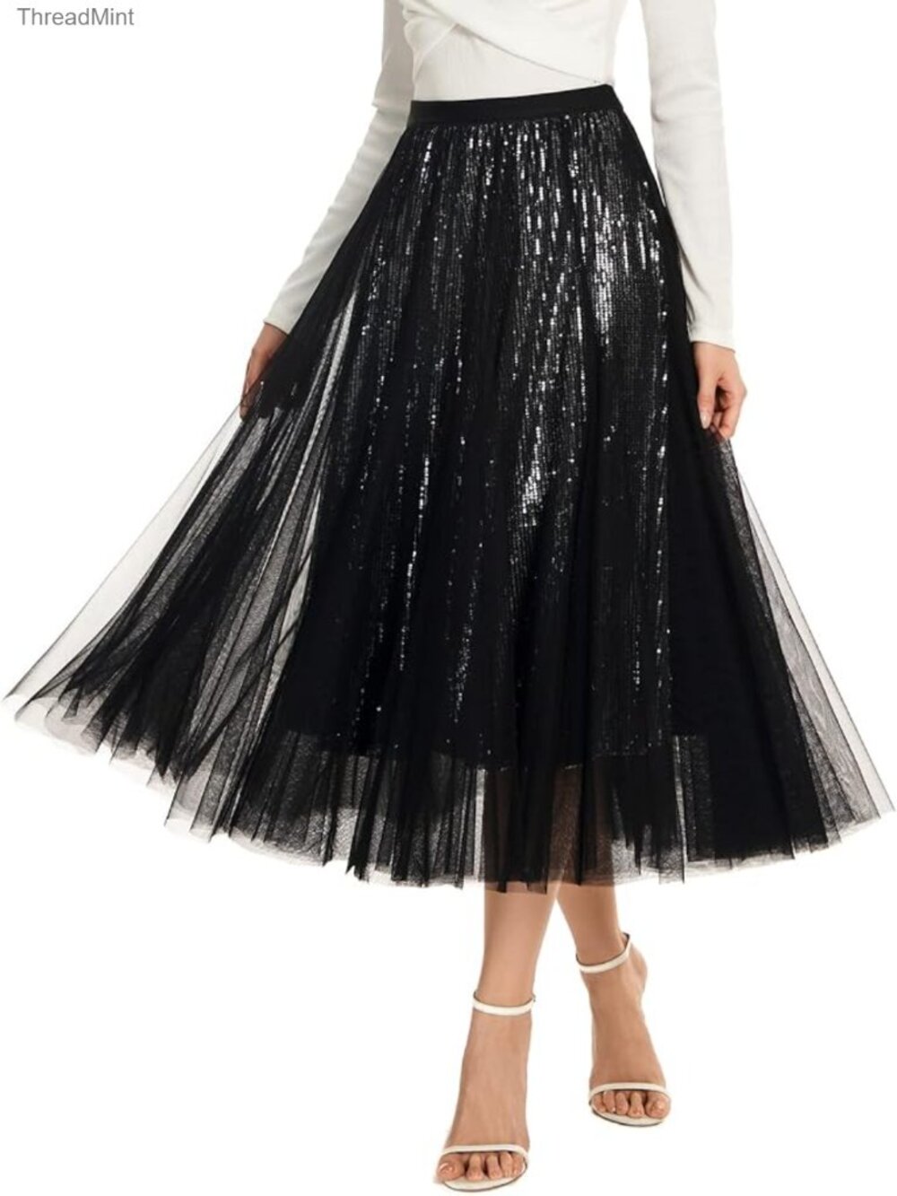 Sequin Tulle Skirt 4 Layer Flowy Long Maxi Party Skirt Women